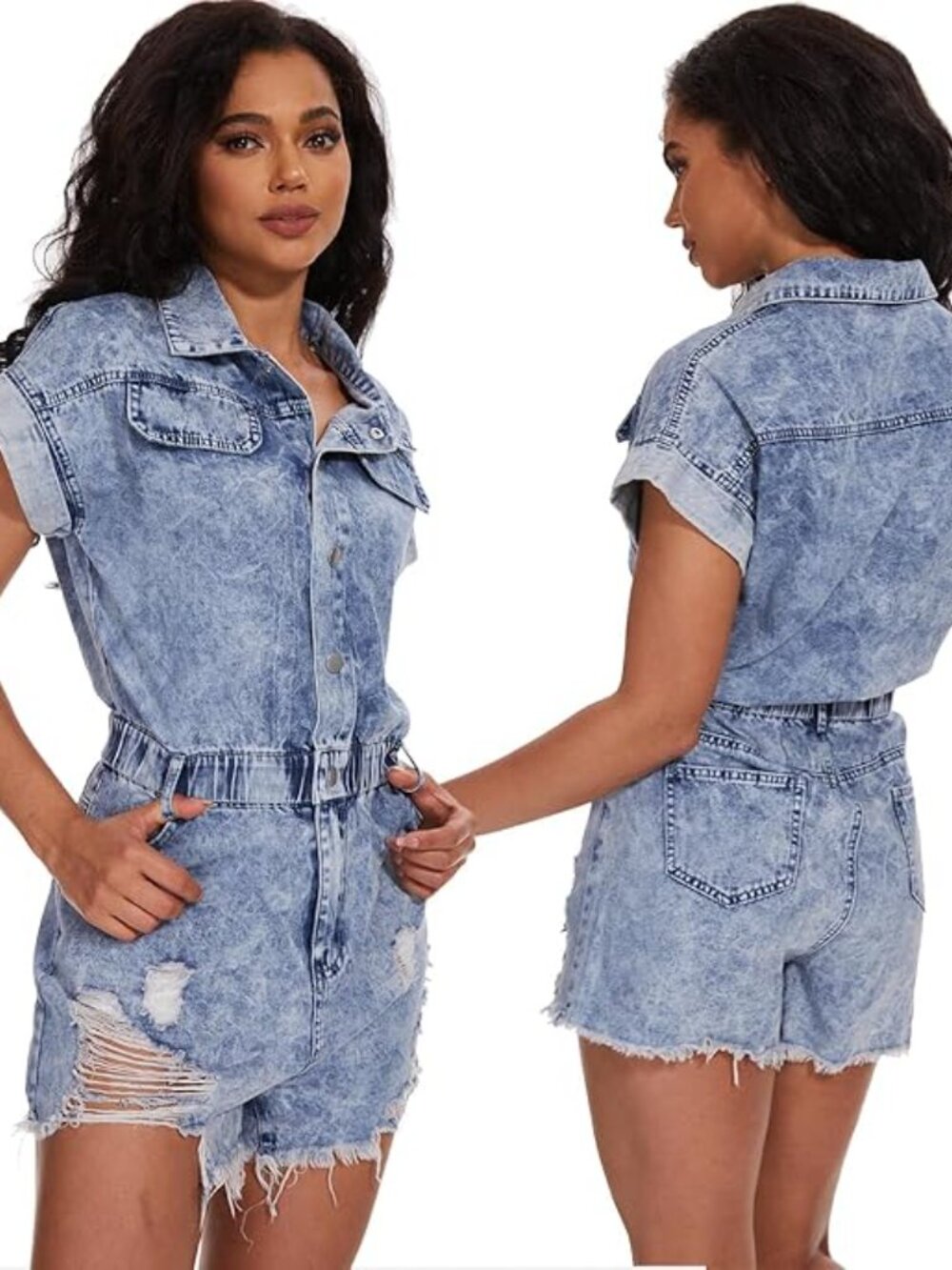 WILD JUNKIE Light-Wash Distressed Denim Short Romper